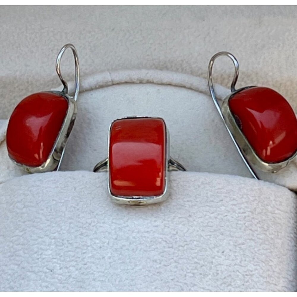 Sterling Silver and Red Coral Ring and Earring Statement Set EUC Size 6.75